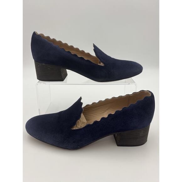 Chloé Suede Scalloped Loafers Navy Blue Suede Pumps Size 39.5 / 9.5 Block Heel - Picture 2 of 16